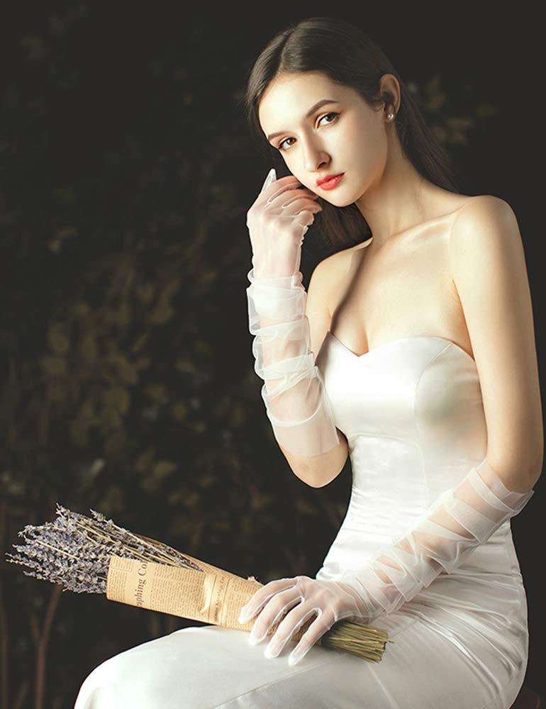 QRBTSCL Women's Wedding Bridal Mesh Tulle Gloves Long Opera Costume Party Glove 27" Elbow Length Sheer Gloves Champagne - Image 2